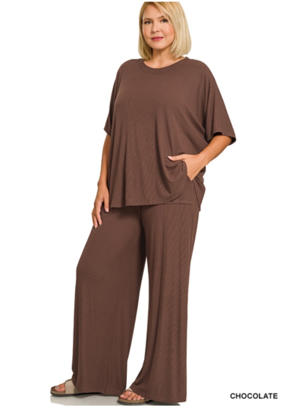 Zenana Outfitters Chocolate Wide-Leg Lounge Set